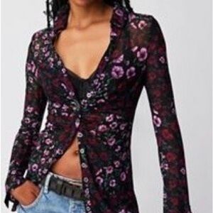 Free People Burgundy Floral Long Sleeve Mesh Blouse